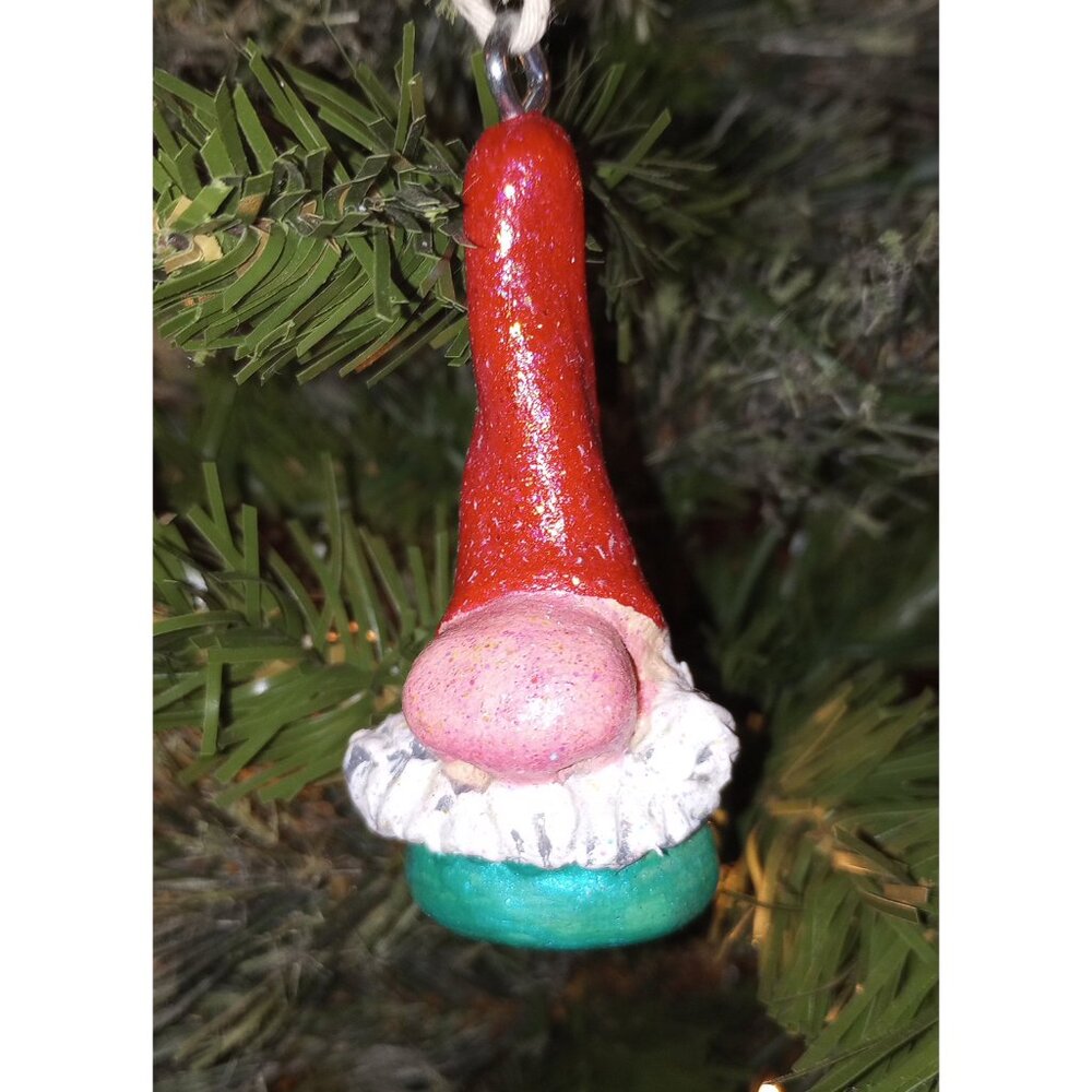 1 Single Red & Green Glaz Gnome Ornament Christmas Pendant Handmade OOAK Folkart